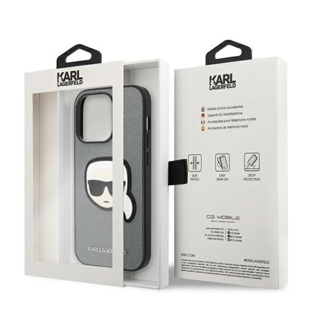 Чохол Karl Lagerfeld Saffiano Karl`s Head Patch для iPhone 14 Pro Silver (KLHCP14LSAPKHG)