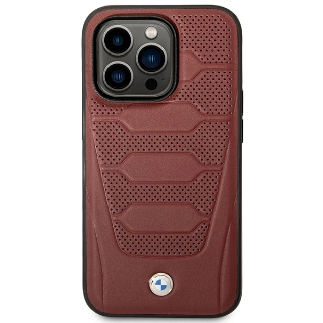 Чехол BMW для iPhone 14 Pro Leather Seats Pattern Burgundy with MagSafe (BMHMP14L22RPSR)
