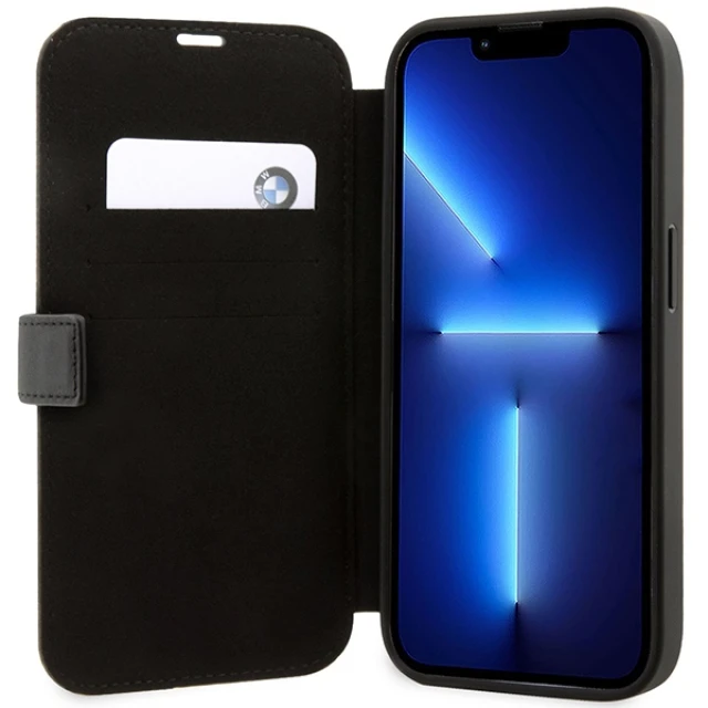 Чехол BMW для iPhone 14 Pro Max Leather Stamp Blue Lines Black (BMBKP14X22RVSK)