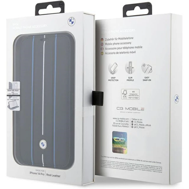 Чехол BMW для iPhone 14 Pro Max Leather Stamp Blue Lines Black (BMBKP14X22RVSK)
