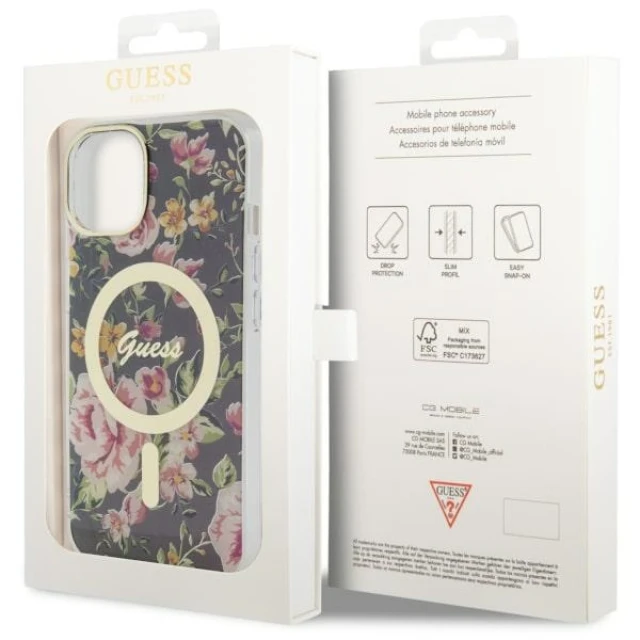 Чохол Guess Flower для iPhone 14 | 13 Black with MagSafe (GUHMP14SHCFWSK)