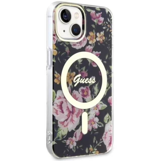 Чохол Guess Flower для iPhone 14 | 13 Black with MagSafe (GUHMP14SHCFWSK)