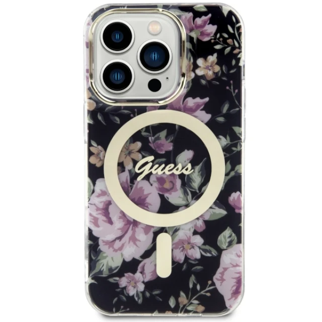Чохол Guess Flower для iPhone 14 Pro Black with MagSafe (GUHMP14LHCFWSK)