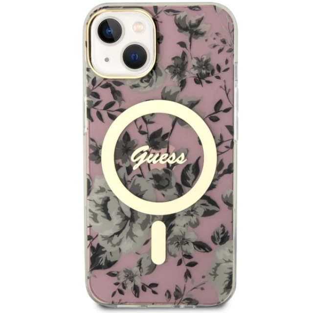 Чохол Guess Flower для iPhone 14 | 13 Pink with MagSafe (GUHMP14SHCFWSP)