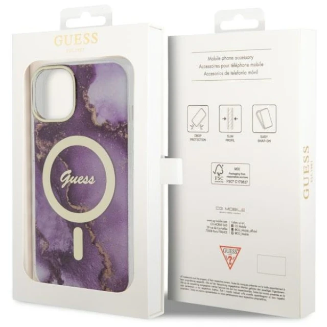 Чохол Guess Golden Marble для iPhone 14 | 13 Purple with MagSafe (GUHMP14SHTMRSU)