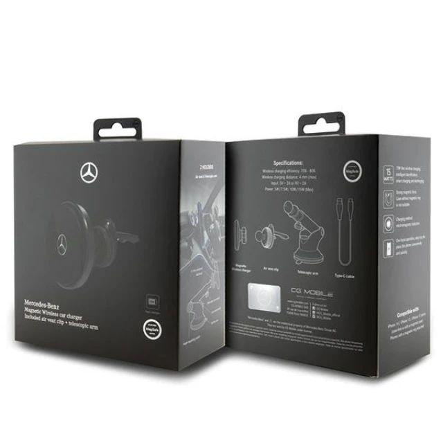 Автотримач з функцією бездротової зарядки Mercedes Silver Stars 15W Black with MagSafe (MEMWCCK)