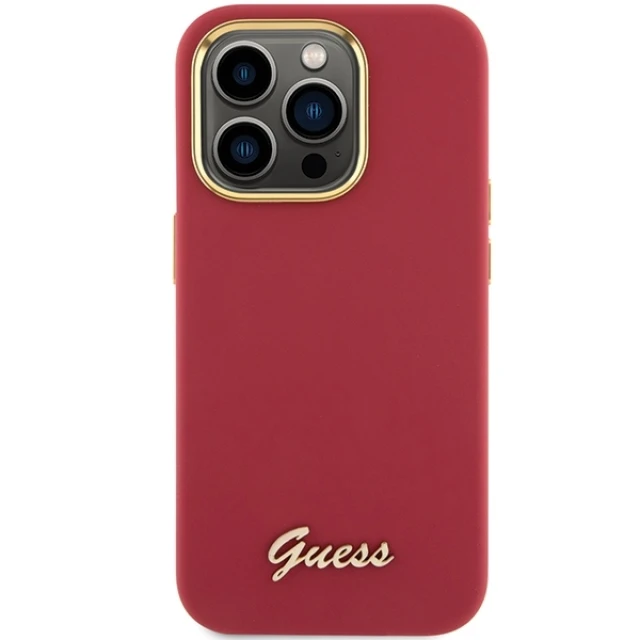 Чохол Guess Silicone Script Metal Logo & Frame для iPhone 15 Pro Magenta (GUHCP15LSMBSLM)