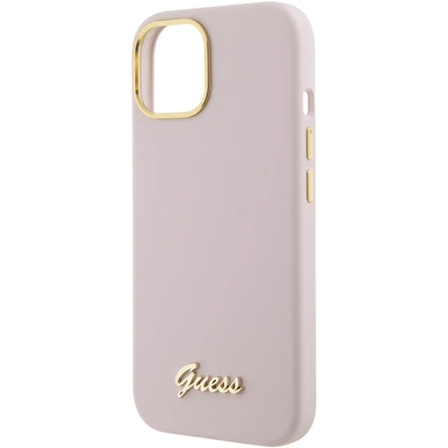 Чохол Guess Silicone Script Metal Logo & Frame для iPhone 15 Pink (GUHCP15SSMBSLP)