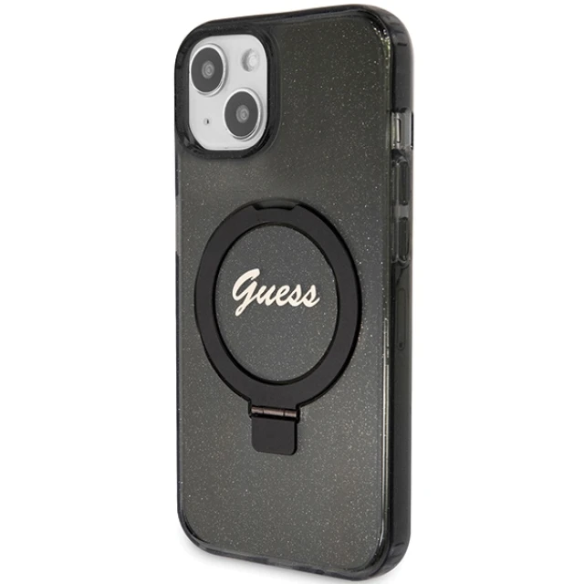 Чохол Guess Ring Stand Script Glitter для iPhone 15 | 14 | 13 Black with MagSafe (GUHMP14SHRSGSK)