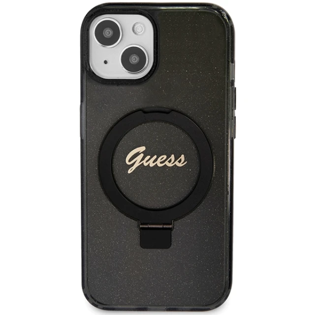 Чохол Guess Ring Stand Script Glitter для iPhone 15 | 14 | 13 Black with MagSafe (GUHMP14SHRSGSK)