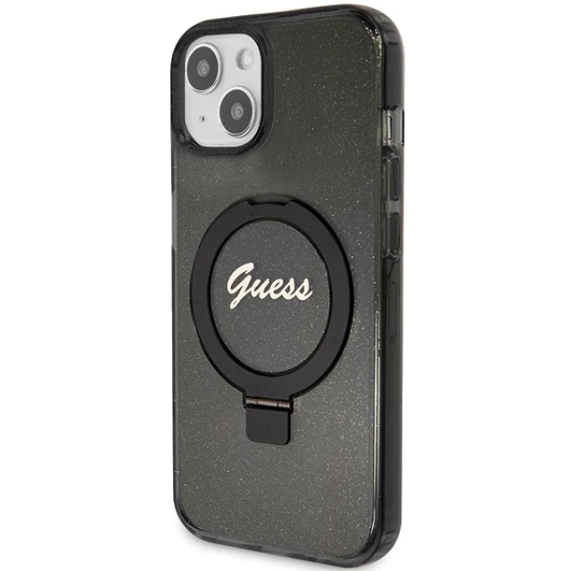 Чохол Guess Ring Stand Script Glitter для iPhone 15 Plus Black with MagSafe (GUHMP15MHRSGSK)