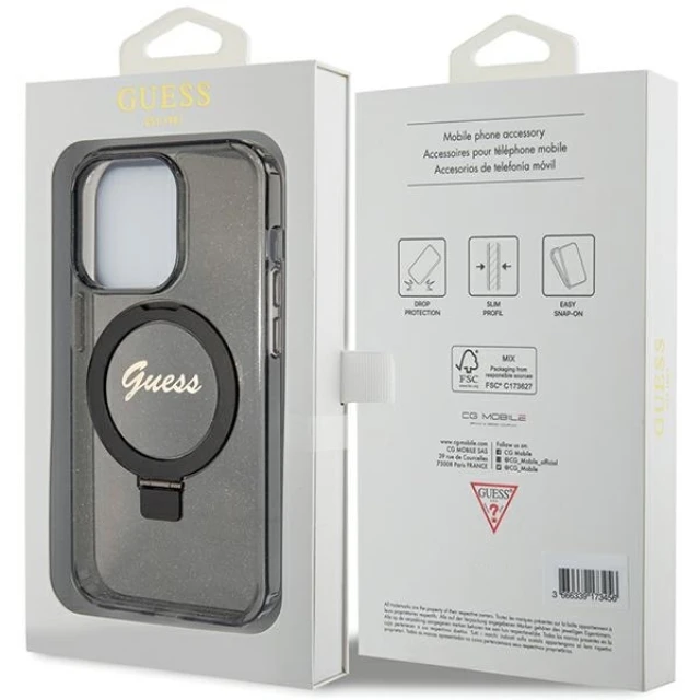 Чохол Guess Ring Stand Script Glitter для iPhone 15 Pro Black with MagSafe (GUHMP15LHRSGSK)