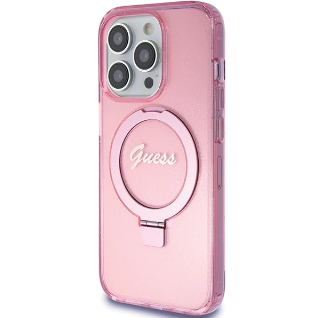 Чохол Guess Ring Stand Script Glitter для iPhone 15 Pro Pink with MagSafe (GUHMP15LHRSGSP)