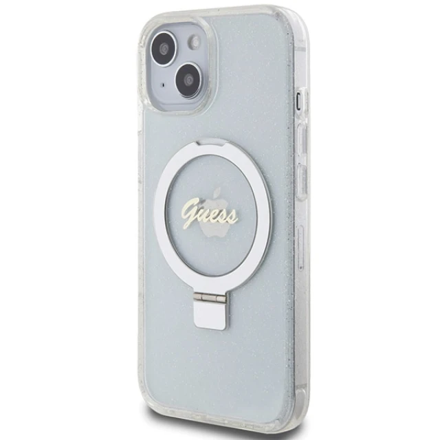 Чехол Guess Ring Stand Script Glitter для iPhone 15 | 14 | 13 Transparent with MagSafe (GUHMP15SHRSGSD)