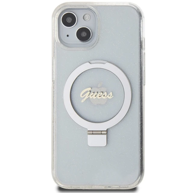 Чехол Guess Ring Stand Script Glitter для iPhone 15 | 14 | 13 Transparent with MagSafe (GUHMP15SHRSGSD)
