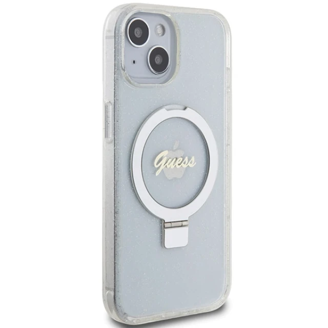Чехол Guess Ring Stand Script Glitter для iPhone 15 | 14 | 13 Transparent with MagSafe (GUHMP15SHRSGSD)