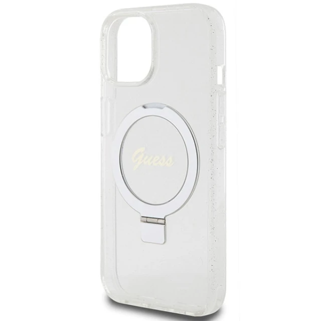 Чехол Guess Ring Stand Script Glitter для iPhone 15 | 14 | 13 Transparent with MagSafe (GUHMP15SHRSGSD)
