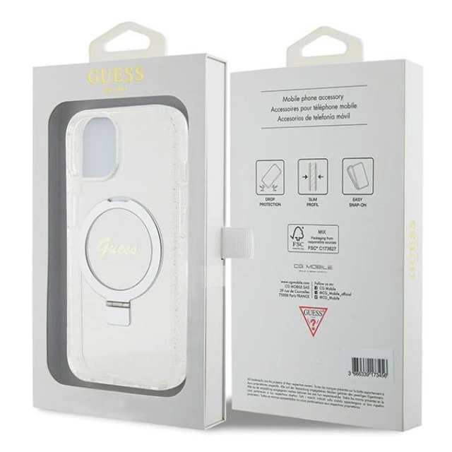 Чехол Guess Ring Stand Script Glitter для iPhone 15 | 14 | 13 Transparent with MagSafe (GUHMP15SHRSGSD)