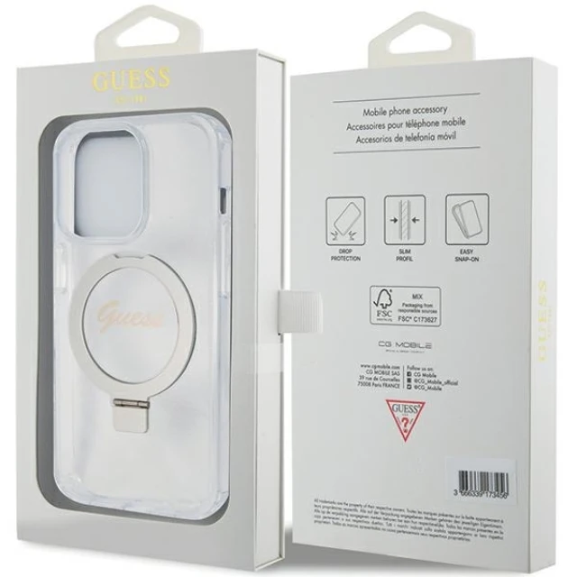 Чохол Guess Ring Stand Script Glitter для iPhone 15 Pro Transparent with MagSafe (GUHMP15LHRSGSD)
