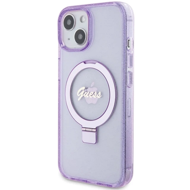 Чехол Guess Ring Stand Script Glitter для iPhone 15 Plus Purple with MagSafe (GUHMP15MHRSGSU)