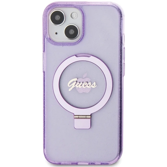 Чехол Guess Ring Stand Script Glitter для iPhone 15 Plus Purple with MagSafe (GUHMP15MHRSGSU)