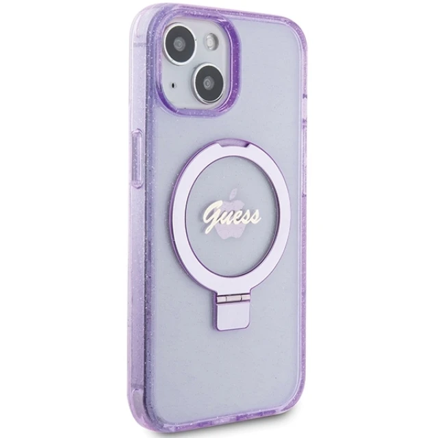 Чехол Guess Ring Stand Script Glitter для iPhone 15 Plus Purple with MagSafe (GUHMP15MHRSGSU)