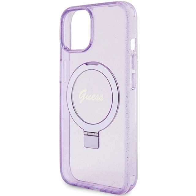 Чехол Guess Ring Stand Script Glitter для iPhone 15 Plus Purple with MagSafe (GUHMP15MHRSGSU)