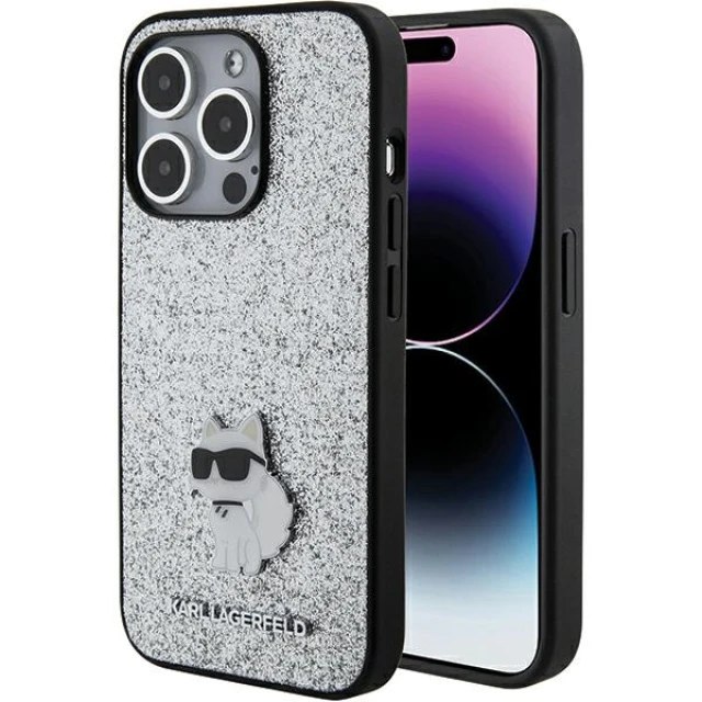 Чохол Karl Lagerfeld Fixed Glitter Choupette Logo Metal Pin для iPhone 15 Pro Silver (KLHCP15LGCNPSG)