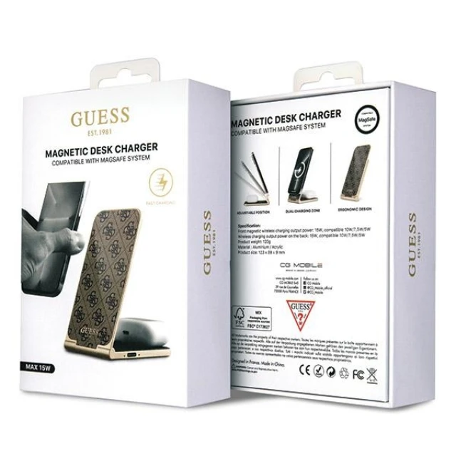 Бездротовий зарядний пристрій Guess 4G Pattern 2-in-1 15W Brown with MagSafe (GUDCFAL4PEGW)