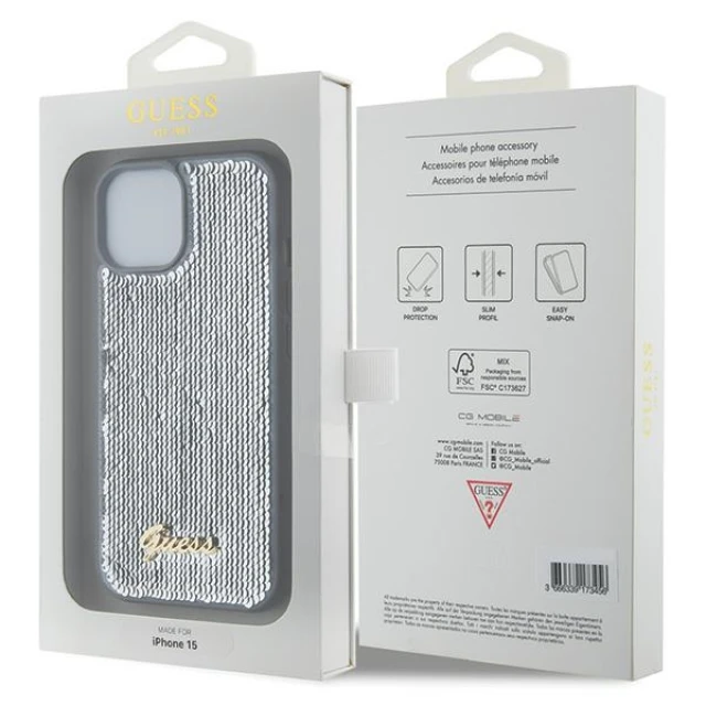 Чохол Guess Sequin Script Metal для iPhone 15 Silver (GUHCP15SPSFDGSS)