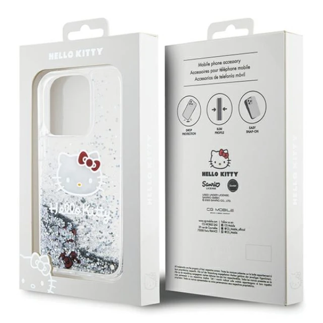 Чехол Hello Kitty Liquid Glitter Charms Kitty Head для iPhone 15 Pro Silver (HKHCP15LLIKHET)