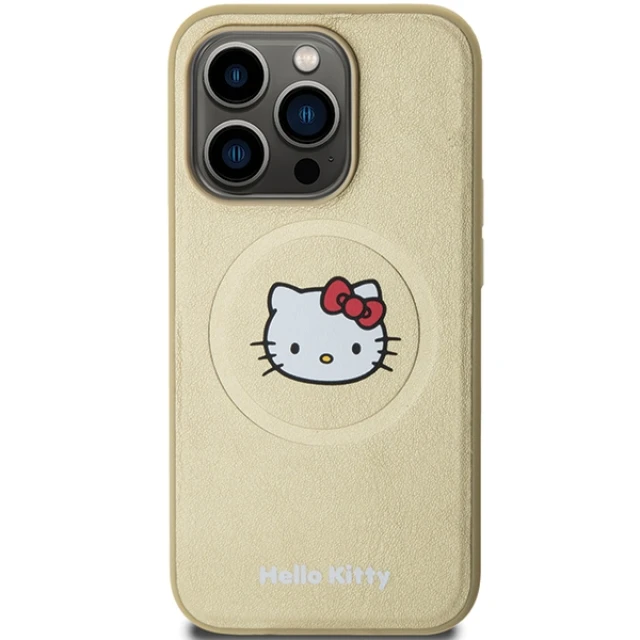 Чохол Hello Kitty Leather Kitty Head для iPhone 15 Pro Gold with MagSafe (HKHMP15LPGHCKD)
