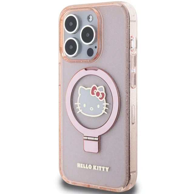 Чохол Hello Kitty Ring Stand Glitter Electrop Logo для iPhone 15 Pro Pink with MagSafe (KLHMP15LHMRSKHH)