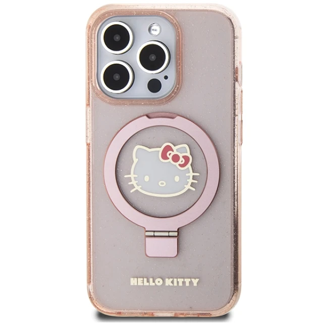 Чохол Hello Kitty Ring Stand Glitter Electrop Logo для iPhone 15 Pro Pink with MagSafe (KLHMP15LHMRSKHH)