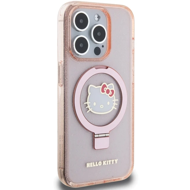 Чохол Hello Kitty Ring Stand Glitter Electrop Logo для iPhone 15 Pro Pink with MagSafe (KLHMP15LHMRSKHH)