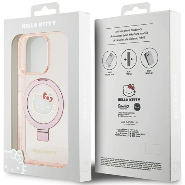 Чохол Hello Kitty Ring Stand Glitter Electrop Logo для iPhone 15 Pro Pink with MagSafe (KLHMP15LHMRSKHH)