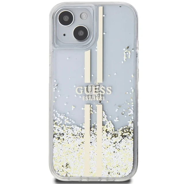 Чехол Guess Liquid Glitter Gold Stripes для iPhone 15 Plus | 14 Plus Transparent (GUHCP15MLFCSEGT)