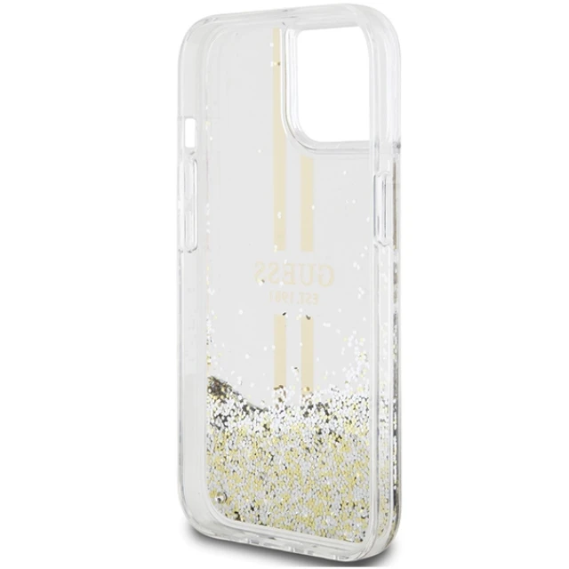 Чехол Guess Liquid Glitter Gold Stripes для iPhone 15 Plus | 14 Plus Transparent (GUHCP15MLFCSEGT)