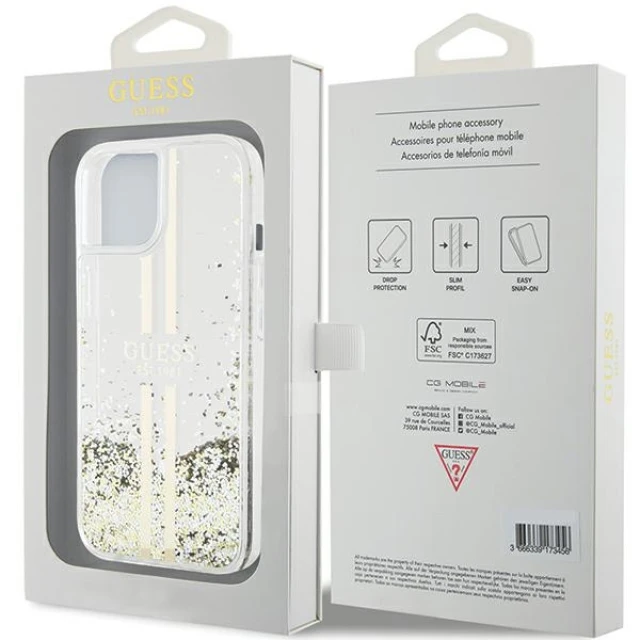Чехол Guess Liquid Glitter Gold Stripes для iPhone 15 Plus | 14 Plus Transparent (GUHCP15MLFCSEGT)