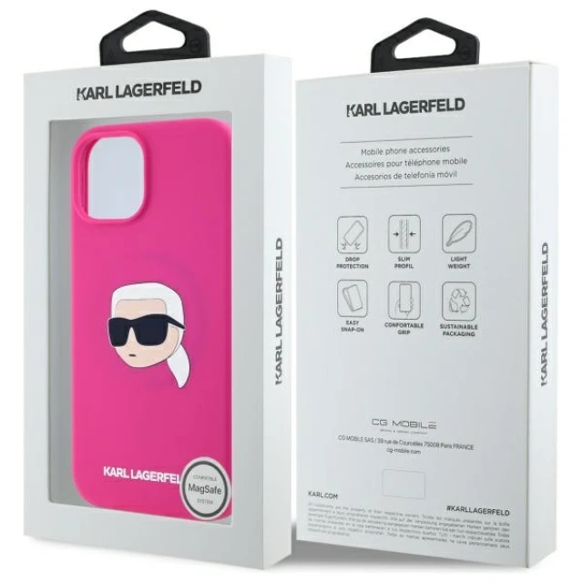 Чохол Karl Lagerfeld Silicone Karl Head для iPhone 15 Fuschia with MagSafe (KLHMP15SSKHPPLF)