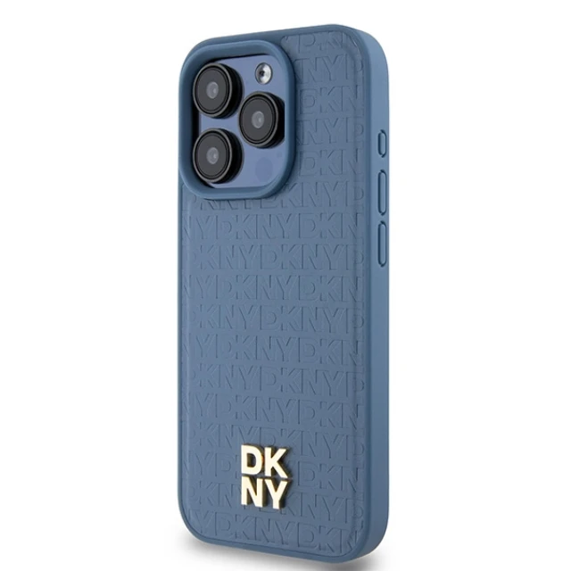 Чехол DKNY Leather Monogram Pattern Metal Logo для iPhone 15 Pro Blue with MagSafe (DKHMP15LPSHRPSB)