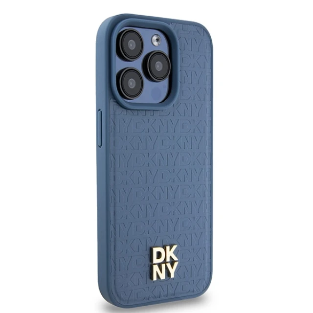 Чехол DKNY Leather Monogram Pattern Metal Logo для iPhone 15 Pro Blue with MagSafe (DKHMP15LPSHRPSB)