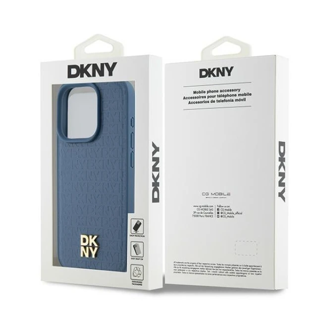 Чехол DKNY Leather Monogram Pattern Metal Logo для iPhone 15 Pro Blue with MagSafe (DKHMP15LPSHRPSB)
