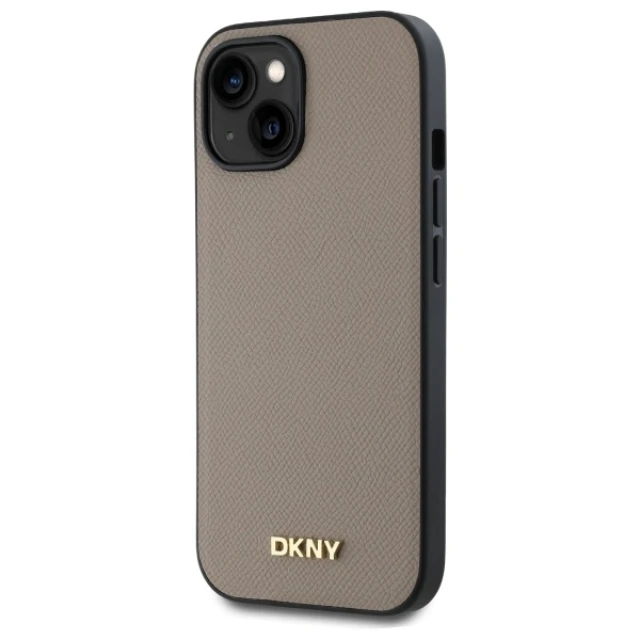 Чохол DKNY Grained Metal Logo для iPhone 15 Beige with MagSafe (DKHMP15SPGHLME)
