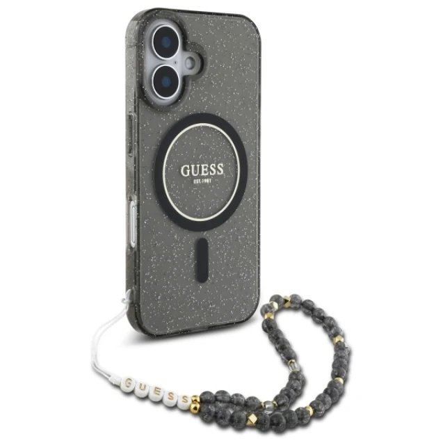 Чохол Guess IML Glitter with Pearl Strap для iPhone 16 Black with MagSafe (GUHMP16SHGCRELSK)