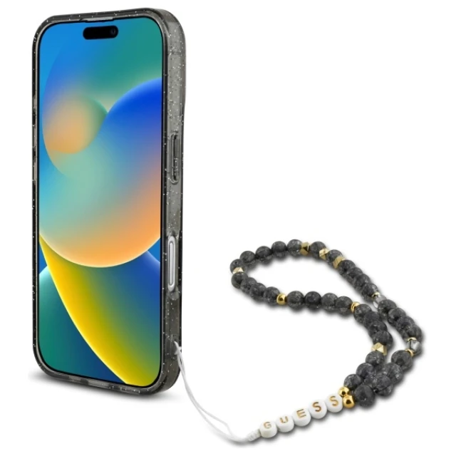 Чохол Guess IML Glitter with Pearl Strap для iPhone 16 Black with MagSafe (GUHMP16SHGCRELSK)