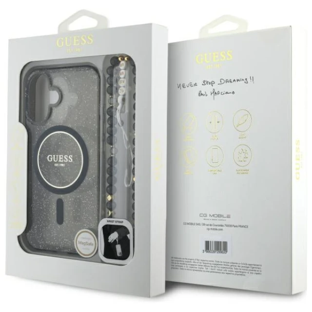 Чохол Guess IML Glitter with Pearl Strap для iPhone 16 Black with MagSafe (GUHMP16SHGCRELSK)