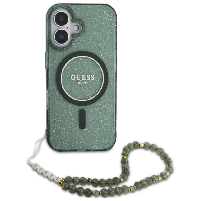 Чохол Guess IML Glitter with Pearl Strap для iPhone 16 Plus Green with MagSafe (GUHMP16MHGCRELSA)