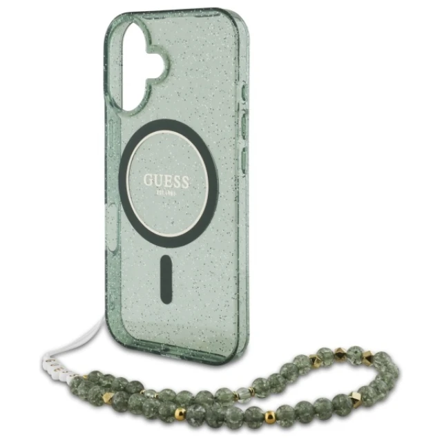 Чохол Guess IML Glitter with Pearl Strap для iPhone 16 Plus Green with MagSafe (GUHMP16MHGCRELSA)
