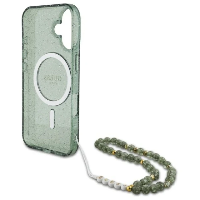 Чохол Guess IML Glitter with Pearl Strap для iPhone 16 Plus Green with MagSafe (GUHMP16MHGCRELSA)